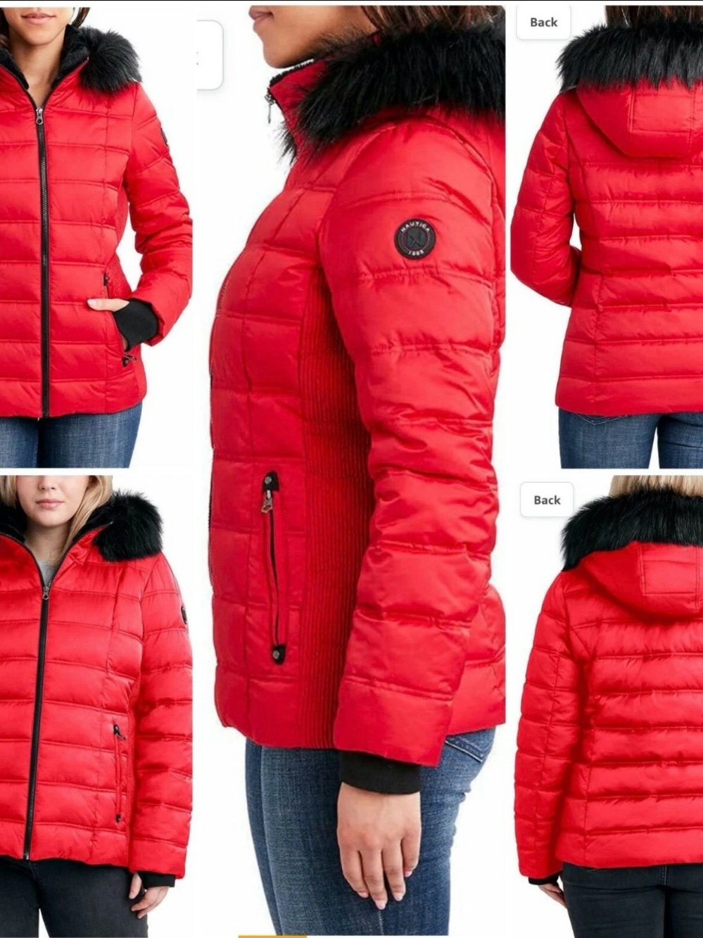 NWT Nautica Women Red Quilted Puffer Jacket with Black Faux Fur Hood Trim